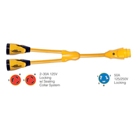 Y504-2-30     Marinco Y504-2-30 EEL (2)-30A-125V Female to (1)50A-125/250V Male "Y" Adapter - Yellow     49366